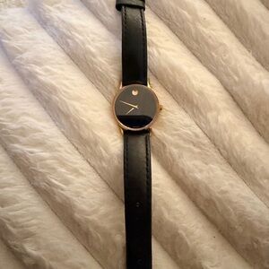 Movado Black Dial Gold-Tone Case Black Leather Strap Women's Watch